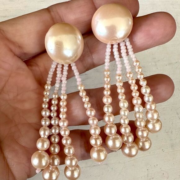 Faux pink pearl long post earrings - Picture 1 of 8